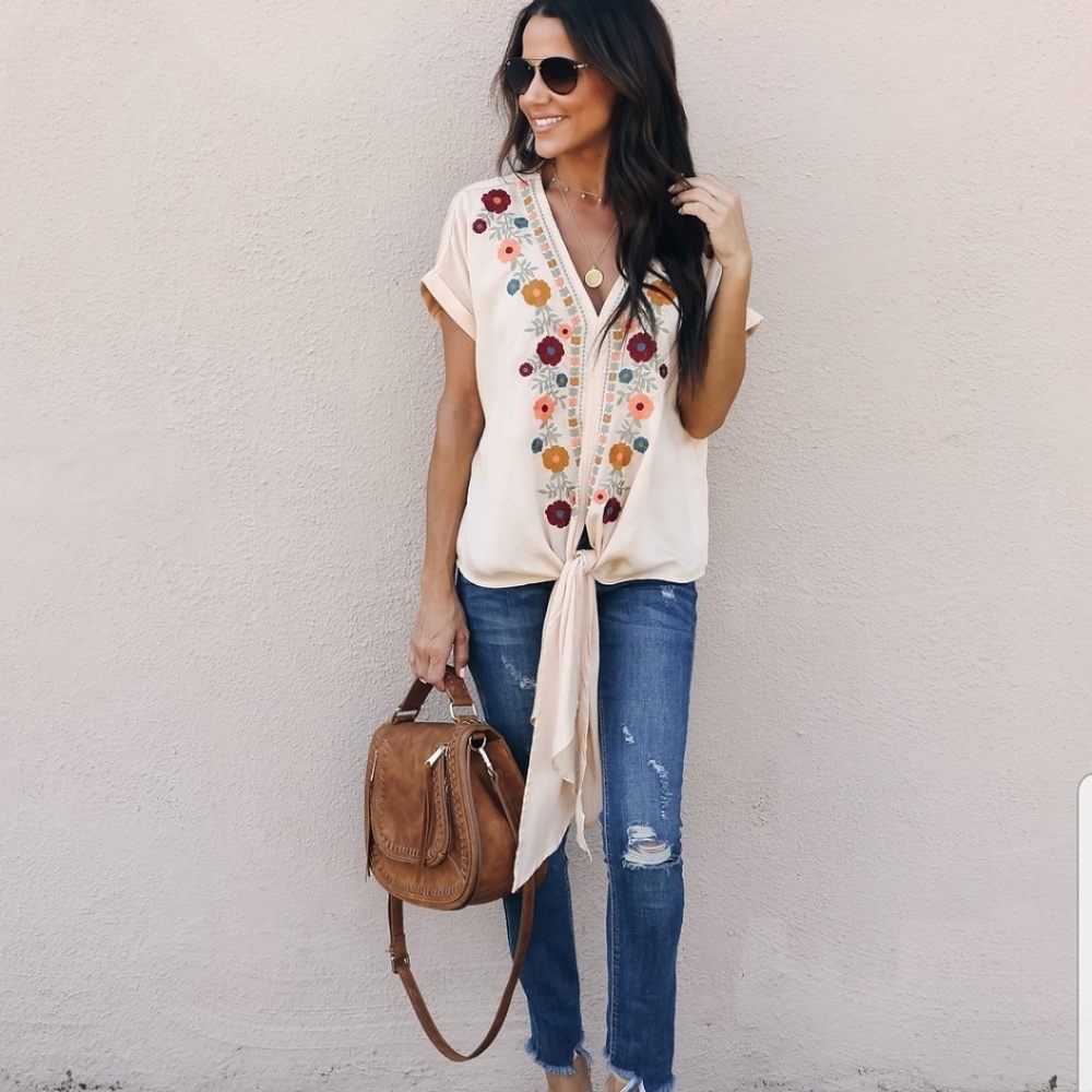 Always Pick Flowers Embroidered Tie Top